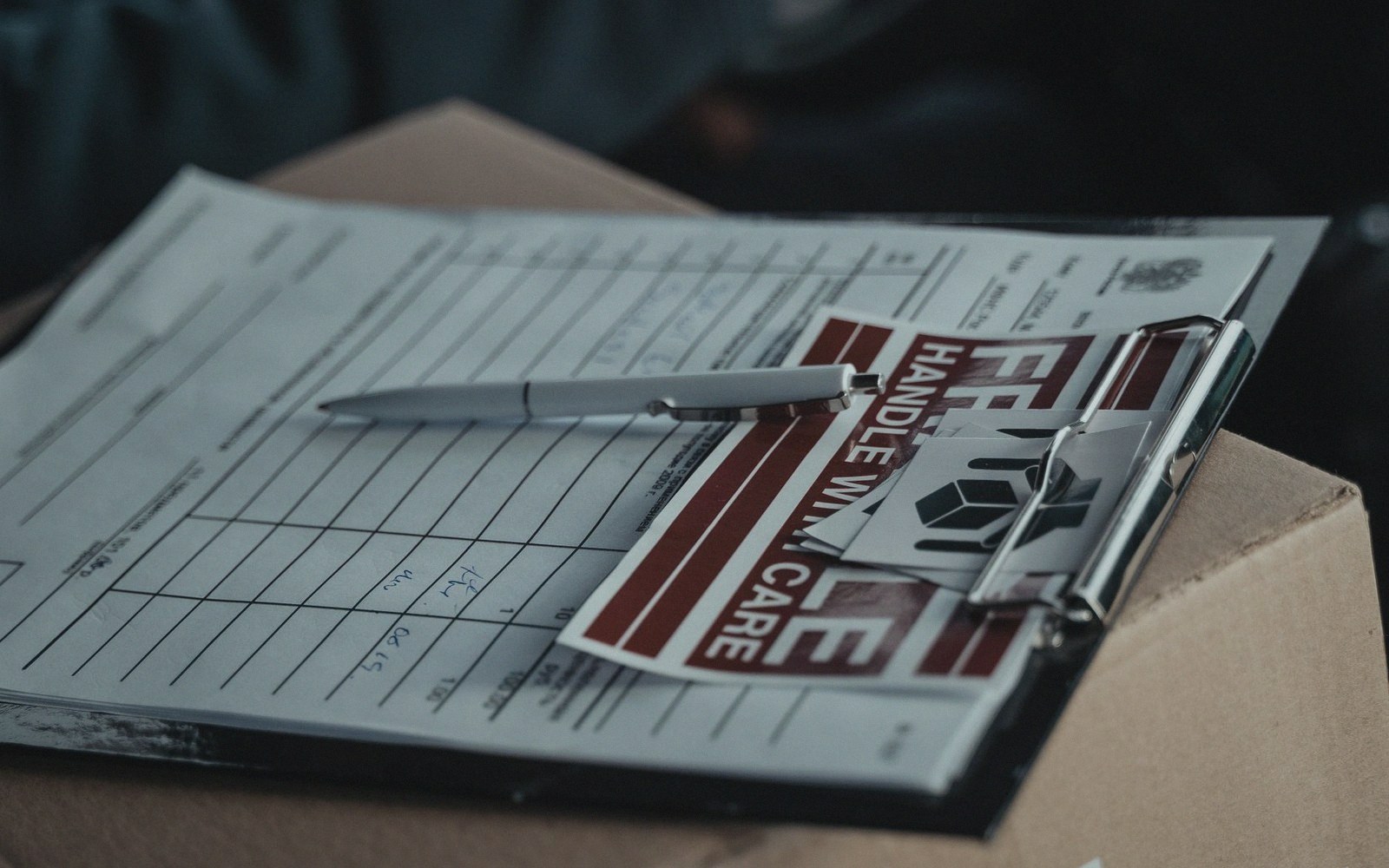 A pen rests on a clipboard form with a fragile handle-with-care sticker on a box