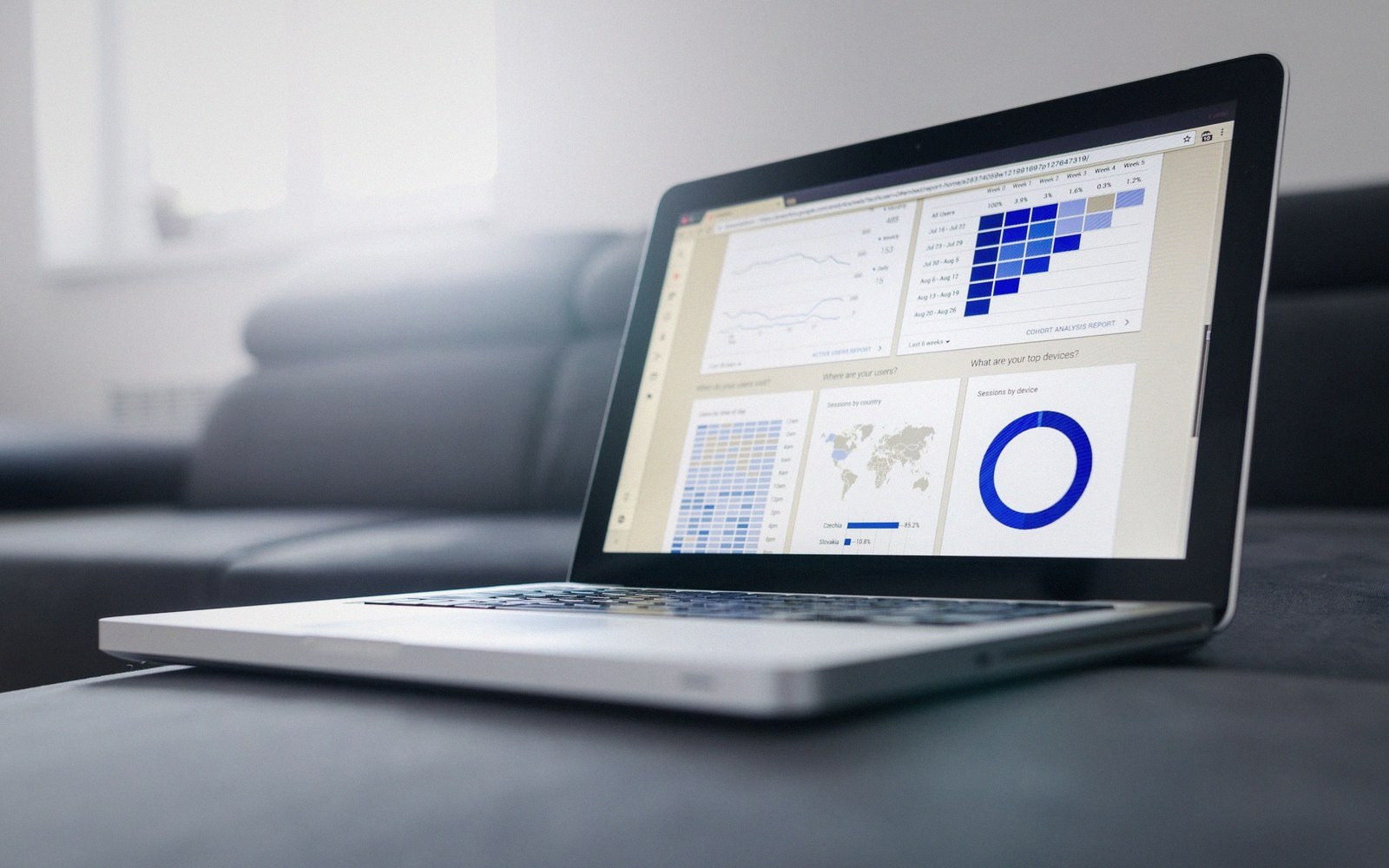 Laptop screen displaying analytics charts and graphs on a leather sofa