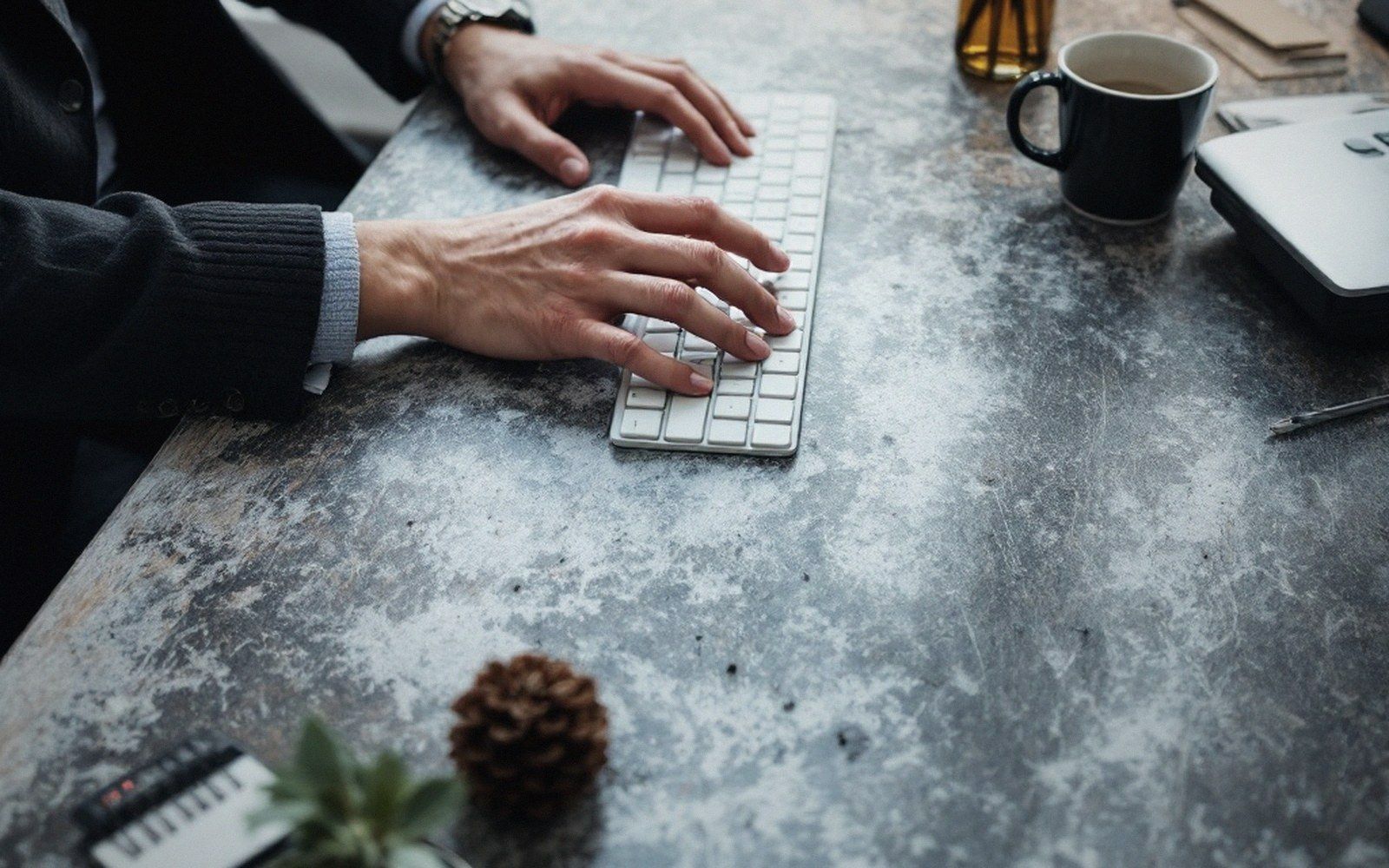Hands typing on a wireless keyboard beside a coffee mug on a stone desk